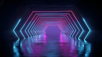 Neon light tunnel with hexagonal shapes.