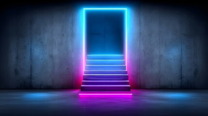 Neon steps leading to an empty doorway in a concrete space.