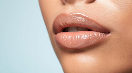 Glossy lips with natural sheen create inviting and fresh appearance, highlighting beauty of healthy skin. soft, smooth texture enhances overall aesthetic