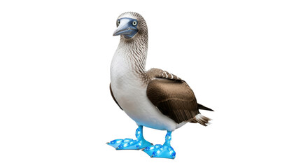 A blue footed booby stands against a black background showing its bright blue feet and plumage details