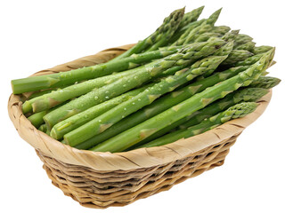 Asparagus spears arranged in a woven basket frame isolated on transparent background
