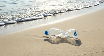 Obraz premium Plastic bottle washed ashore on a sandy beach with gentle waves