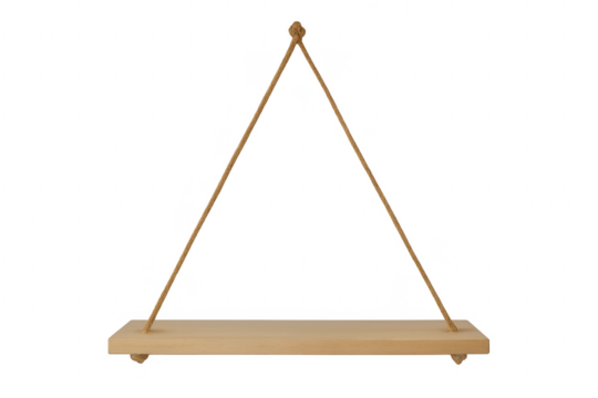 Empty wooden shelf hanging from rope on transparent background