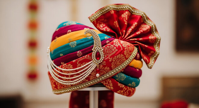Ornate Indian Groom's Turban for Wedding Ceremony