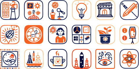Diverse Hand Drawn Icons Symbolizing Science, Art, Technology, and Daily Life collection graphic