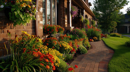 Obraz premium Vibrant garden filled with colorful flowers lines brick pathway leading to charming house. scene is adorned with hanging planters and lush greenery, creating welcoming atmosphere