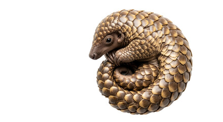 A pangolin curled up on a black background showing its scales and small head and snout detail very well