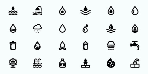 Water & Hydration Line Art Vector Icons — Water Drops, Waves, Rain, Water Cycle, Conservation, Aquatic Elements, and Environmental Symbols

