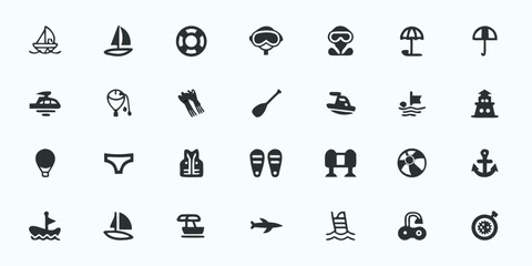 Water Sports & Recreation Line Art Vector Icons — Swimming, Surfing, Kayaking, Sailing, Diving, Water Polo, and Aquatic Activity Symbols

