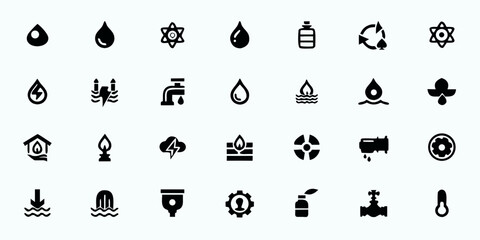 Water Treatment & Hydropower Line Art Vector Icons — Industrial Water Systems, Filtration, Energy Production, Infrastructure, and Environmental Monitoring Symbols

