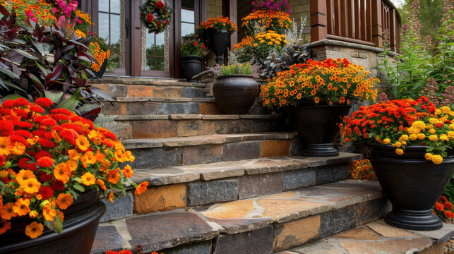 Vibrant flower pots adorn stone staircase leading to charming entrance, showcasing colorful array of orange and yellow blooms. scene evokes warm, inviting atmosphere