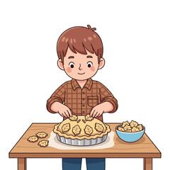 Illustration of a cheerful young boy decorating a freshly baked autumn pie with leaf toppings
