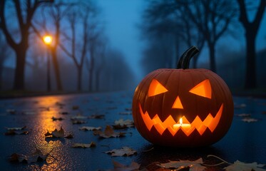 Jack-o’-lanterns with glowing eyes and mouths line a tilted fence, surrounded by drifting fog, each expression telling a story of Halloween’s hidden spirits