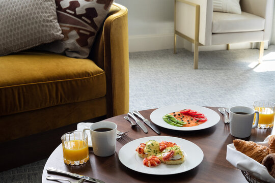 In-Room Dining Salmon Carpaccio and Lobster Benedict