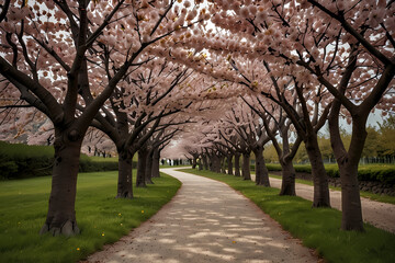 A pathway surrounded by blooming cherry blossom trees