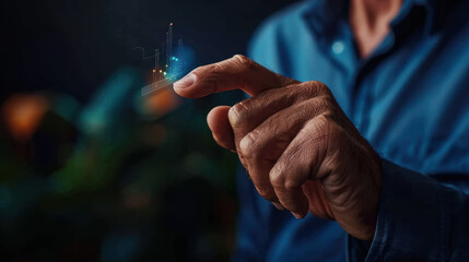 Person interacts with holographic display, showcasing colorful data visualizations and graphs. scene conveys sense of innovation and technology, highlighting fusion of human touch and digital