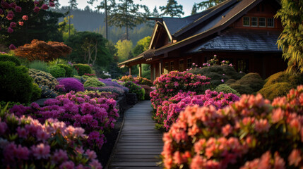 Serene garden pathway surrounded by vibrant pink and purple flowers leads to traditional wooden house. lush greenery and blooming azaleas create peaceful atmosphere, inviting visitors to explore