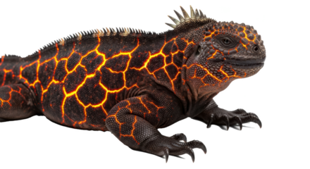 Close up of a marine iguana with bright orange markings on its dark skin against a black background