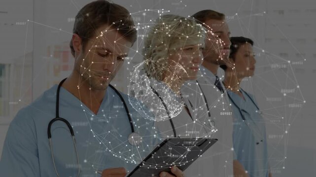 Clinician writing notes activating globe illustrating medical tech integration with team