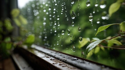 Close-up of raindrops on a window with green foliage in the background, captu the refreshing and calming atmosphere of a rainy day outdoors