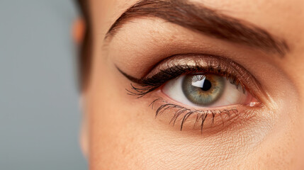 Close up view of woman eye showcasing detailed makeup, including bold eyeliner and shimmering eyeshadow. eye has captivating gaze, highlighting natural beauty and intricate features of eyelid