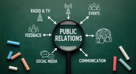 Public Relations Chalkboard Diagram Illustrating Communication Strategies and Feedback Loops for Effective Media Relations and Event Management in Corporate Communications
