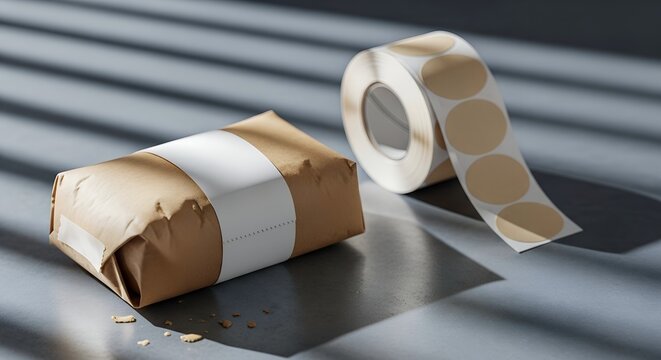 Flat lay mockup: brown kraft paper package with blank label and roll of round beige stickers on gray background with dramatic