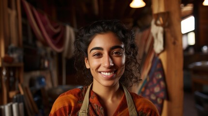Obraz premium A cheerful waitress offers a warm smile while serving customers at a bustling restaurant, radiating hospitality.