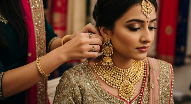 Indian Bride Adorned with Traditional Gold Jewelry for Wedding Ceremony