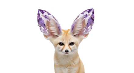 Close up of a fennec fox with large ears that have been replaced with purple crystal formations