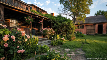 Fototapeta premium Charming rustic house surrounded by blooming roses and lush greenery, showcasing beautiful garden and serene atmosphere. sunlight casts warm glow, enhancing peaceful setting