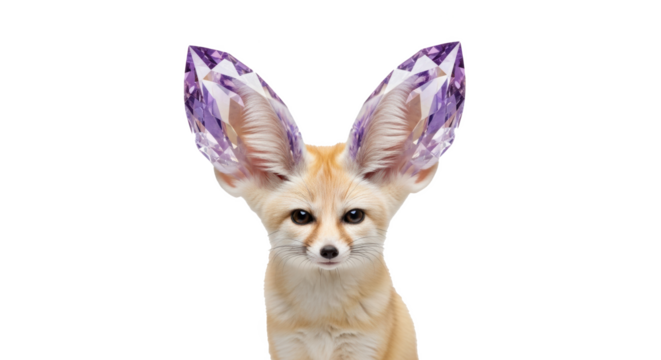 Close up of a fennec fox with large ears that have been replaced with purple crystal formations
