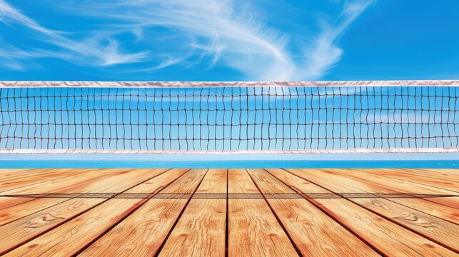 A vibrant scene of a tennis or volleyball net set against a bright blue sky, perfect for outdoor sports enthusiasts.