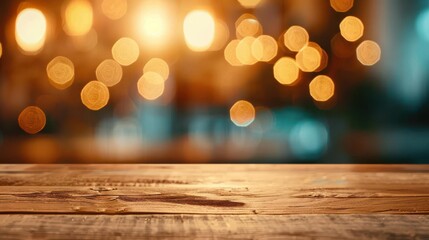 A rustic wooden table shines under the glow of distant city lights, perfect for a cozy night out with friends.