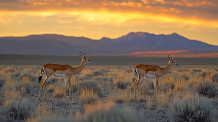 Two gazelles stand in a desert landscape at sunrise.  Golden light bathes the distant mountains
