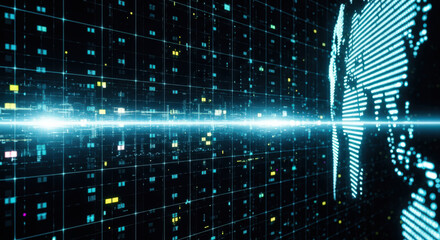 Global Digital Network with World Map and Data Stream for International Communication and Technological Connectivity in a Futuristic Cyber Space