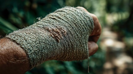 Close Up of Worn Hand Wrapped in Tattered Cloth in Nature