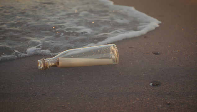 A glass bottle with a message inside washes ashore on a sandy beach with gentle waves. - Powered by Adobe