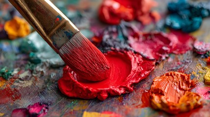 Close-up of a paintbrush dipped in vibrant red paint on a colorful 's palette.