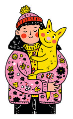 Whimsical Illustration of a Girl Hugging a Cute Yellow Dog in Floral Sweater