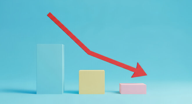Economic Downturn and Market Crash Visualization with Falling Bar Graph and Red Arrow, Financial Crisis and Recession Concept, Business Decline and Loss