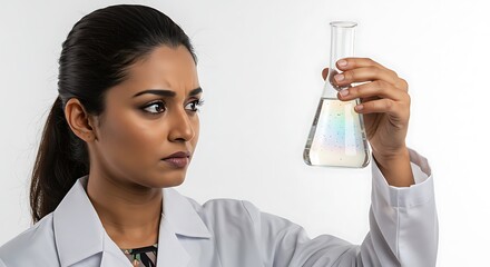 Scientific Analysis: Woman Examining Flask Contents