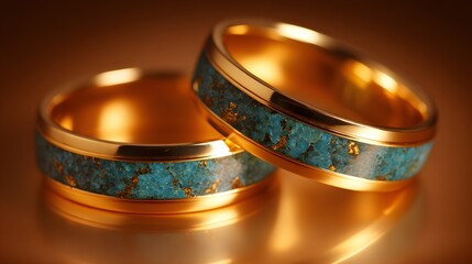 Close-up of two gold rings inlaid with turquoise.