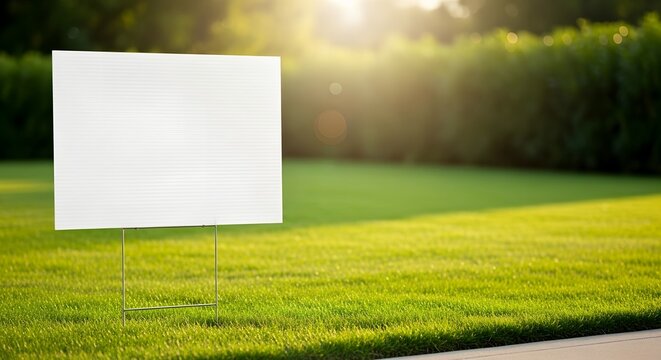 Blank white real estate sign mockup standing in a green lawn, sunny outdoor scene,  vertical shot with shallow depth of field,