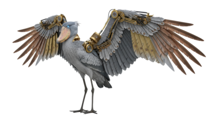 A steampunk shoebill stork with mechanical wings spread wide against a black isolated background view