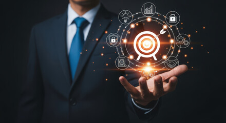 Business Strategy and Goal Achievement A Businessman Holds a Target Surrounded by Icons Representing Security, Management, and Research for Success