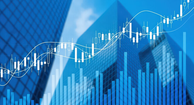 Financial Growth and Investment Analysis in Urban Real Estate, Featuring Stock Market Charts and Candlestick Patterns Against a Backdrop of Modern City Buildings