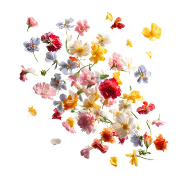 Vibrant, scattered blossoms in diverse colors and forms, creating a dynamic floral arrangement