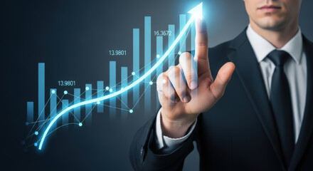 Business Growth Chart A Businessman Touching Upward Trending Graph with Financial Data Symbolizing Market Success and Investment Performance on Dark Background