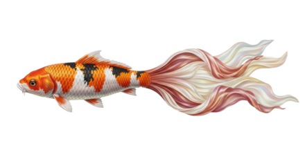 A single koi fish with orange white and black markings and a flowing tail on a black background